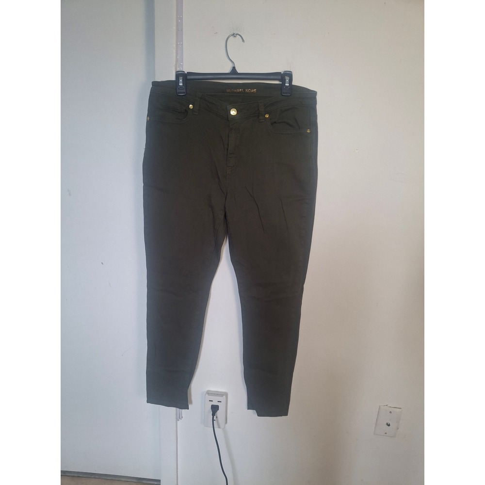 Michael Kors Izzy Skinny Pants Olive Green Gold Logo Size 14